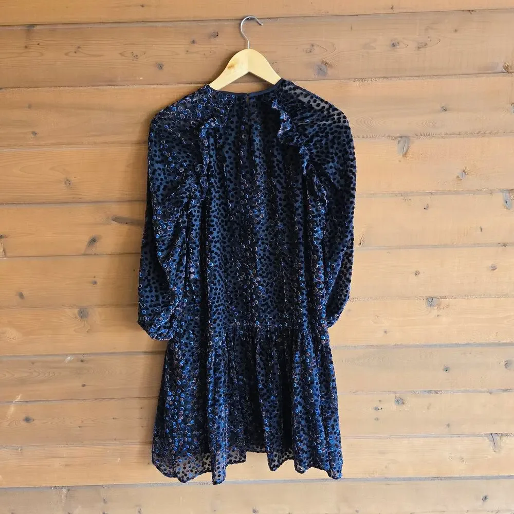 Anthropologie Dress Shoshanna Henley Flocked Dot Jet Mocha Navy Velvet Chiffon 8 - Picture 4 of 7